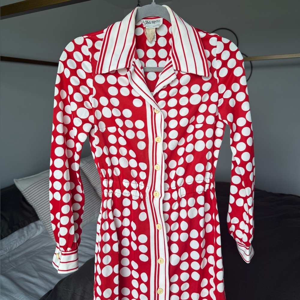 VINTAGE Julie Miller Polka Dot Long Sleeve Dress Sz XS Geometric Pop Art 60s 70s - Picture 2 of 8